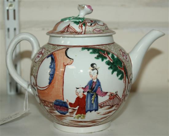 A large Worcester polychrome globular teapot and cover, c.1770, height 6.5in.